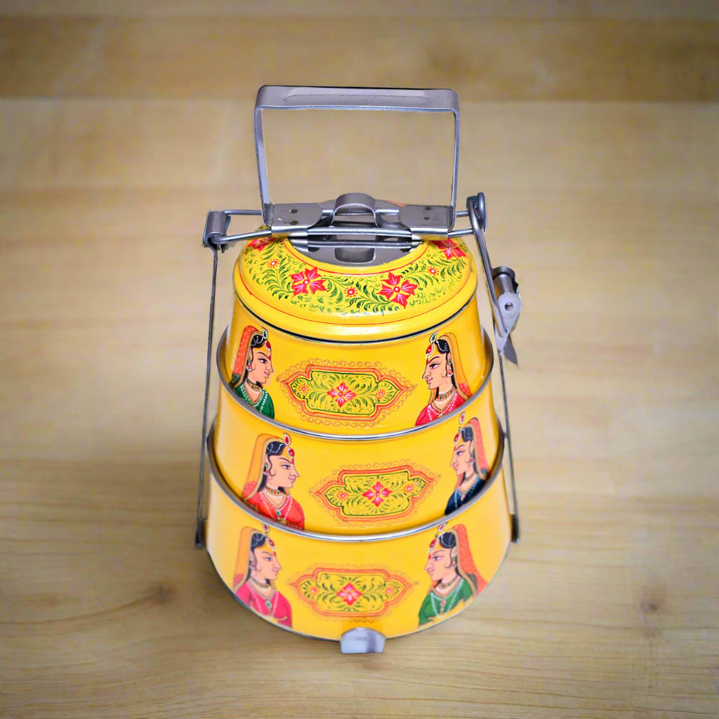 Hand-Painted 3-Tier Stainless Steel Lunch Box – princess yellow Design Eco-Friendly & Artistic Food Carrier